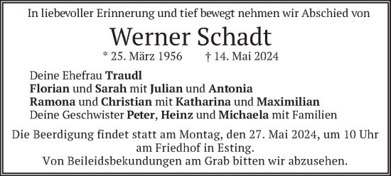 Todesanzeige von Werner Schadt von merkurtz