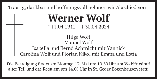 Todesanzeige von Werner Wolf von merkurtz