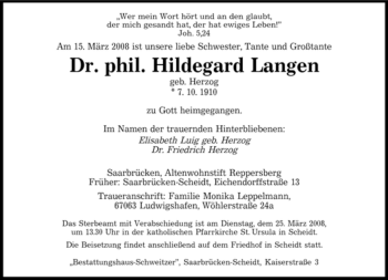 Todesanzeige von Hildegard Langen von SAARBRÜCKER ZEITUNG