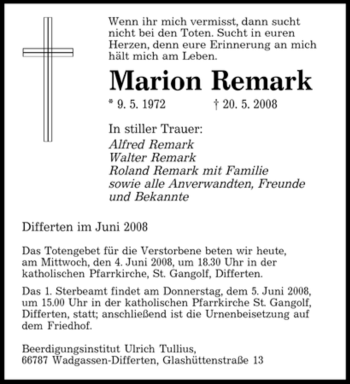 Todesanzeige von Marion Remark von SAARBRÜCKER ZEITUNG