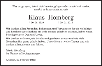 Todesanzeige von Klaus Homberg von saarbruecker_zeitung