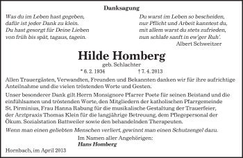 Todesanzeige von Hilde Homberg von saarbruecker_zeitung
