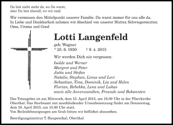 Todesanzeige von Lotti Langenfeld von saarbruecker_zeitung