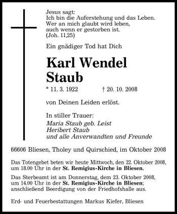 Todesanzeige von Karl Wendel Staub von SAARBRÜCKER ZEITUNG
