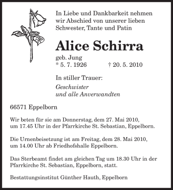 Todesanzeige von Alice Schirra von SAARBRÜCKER ZEITUNG