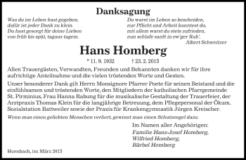 Todesanzeige von Hans Homberg von saarbruecker_zeitung