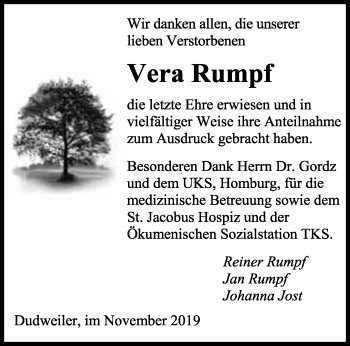 Todesanzeige von Vera Rumpf von saarbruecker_zeitung