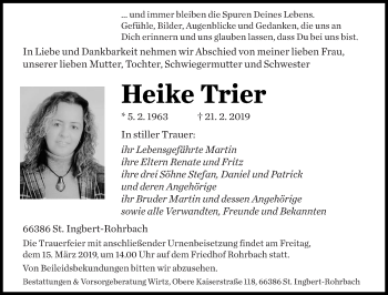 Todesanzeige von Heike Trier von saarbruecker_zeitung