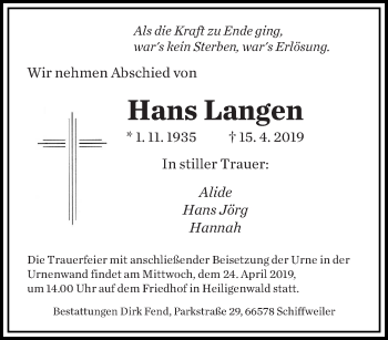 Todesanzeige von Hans Langen von saarbruecker_zeitung