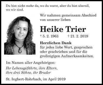 Todesanzeige von Heike Trier von saarbruecker_zeitung