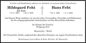 Todesanzeige von Hildegard und Hans Feht von saarbruecker_zeitung