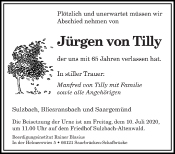 Todesanzeige von Jürgen von Tilly von saarbruecker_zeitung