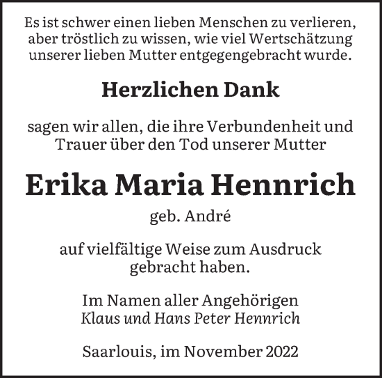 Todesanzeige von Erika Maria Hennrich von saarbruecker_zeitung