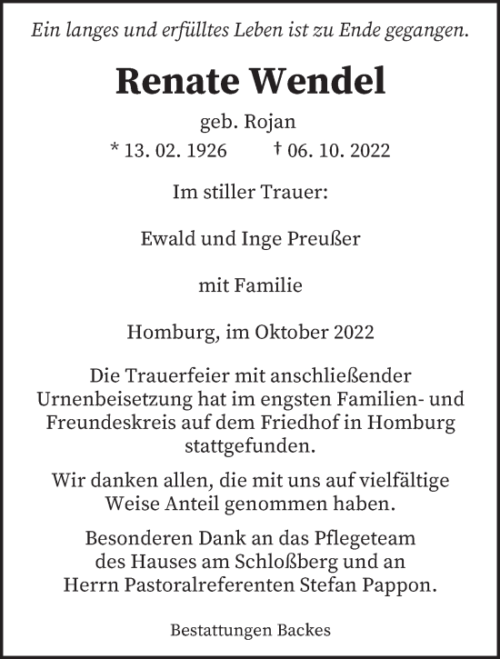 Todesanzeige von Renate Wendel von saarbruecker_zeitung