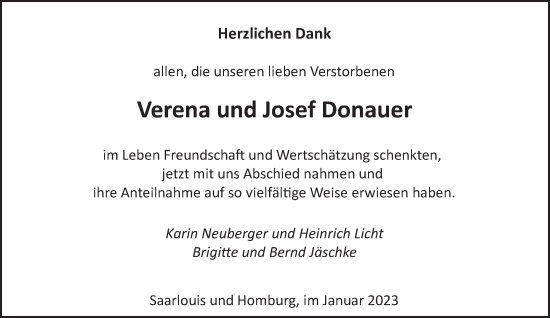 Todesanzeige von Verena und Josef Donauer von saarbruecker_zeitung