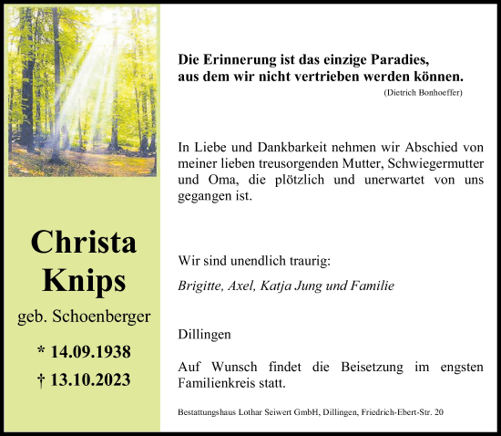 Todesanzeige von Christa Knips von saarbruecker_zeitung