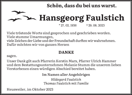 Todesanzeige von Hansgeorg Faulstich von saarbruecker_zeitung