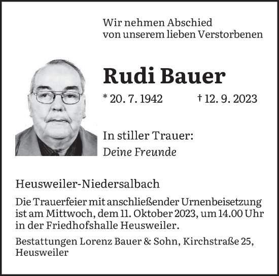 Todesanzeige von Rudi Bauer von saarbruecker_zeitung