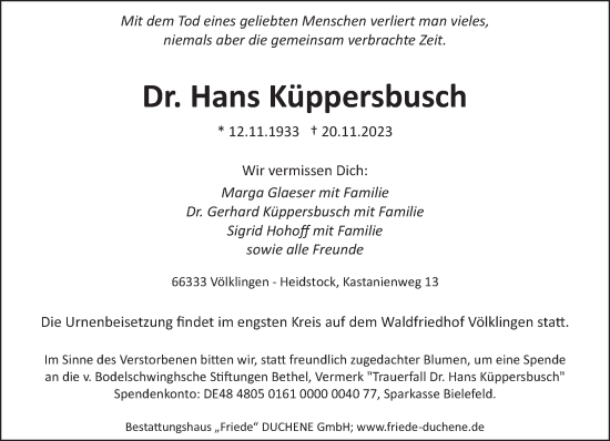 Todesanzeige von Hans Küppersbusch von saarbruecker_zeitung