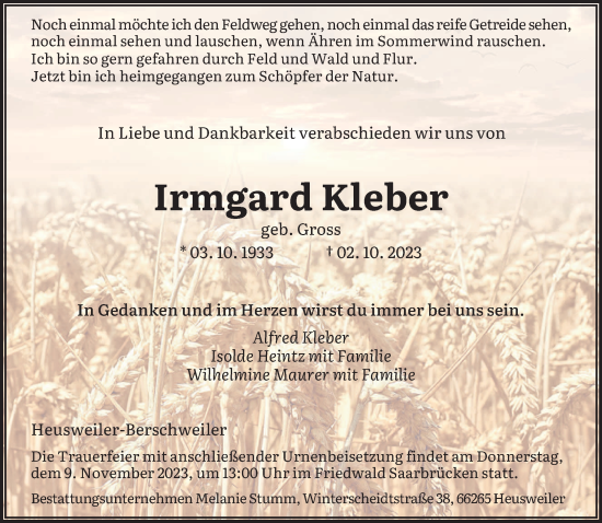 Todesanzeige von Irmgard Kleber von saarbruecker_zeitung