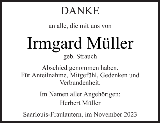 Todesanzeige von Irmgard Müller von saarbruecker_zeitung
