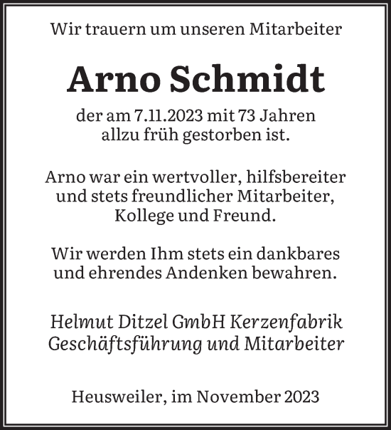 Todesanzeige von Arno Schmidt von saarbruecker_zeitung