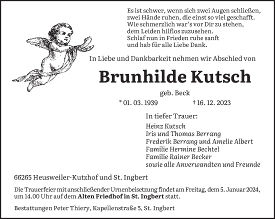 Todesanzeige von Brunhilde Kutsch von saarbruecker_zeitung