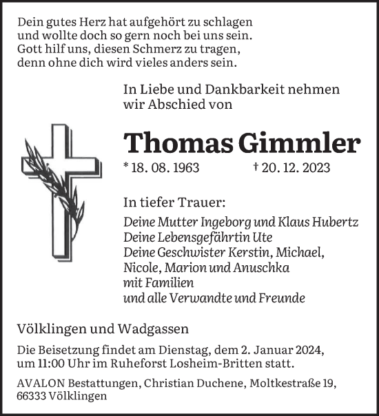 Todesanzeige von Thomas Gimmler von saarbruecker_zeitung