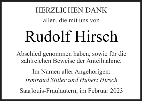 Todesanzeige von Rudolf Hirsch von saarbruecker_zeitung