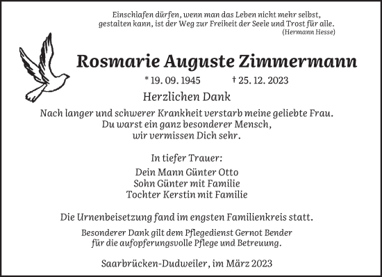 Todesanzeige von Rosmarie  Zimmermann von saarbruecker_zeitung