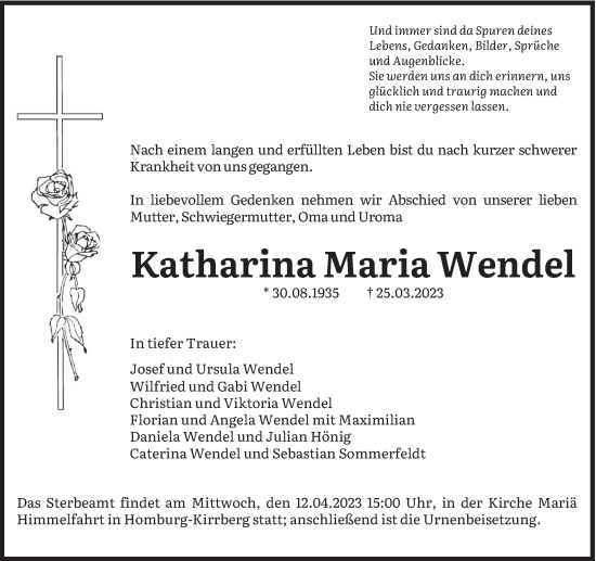 Todesanzeige von Katharina Maria Wendel von saarbruecker_zeitung