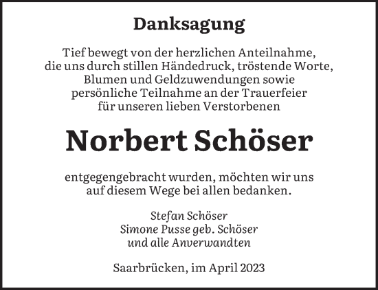 Todesanzeige von Norbert Schöser von saarbruecker_zeitung