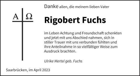 Todesanzeige von Rigobert Fuchs von saarbruecker_zeitung