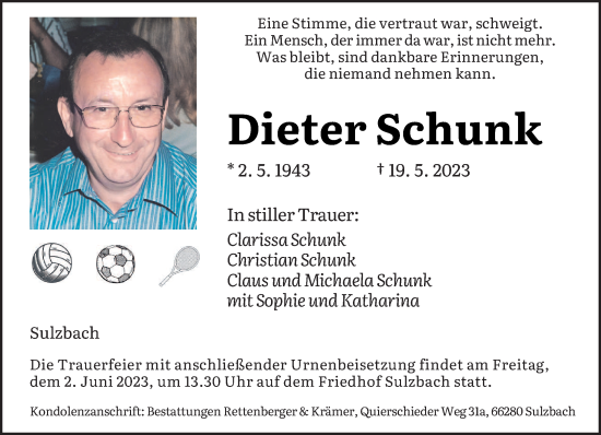 Todesanzeige von Dieter Schunk von saarbruecker_zeitung