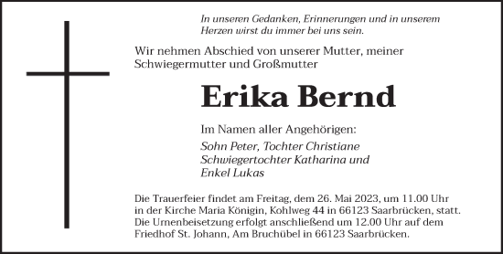 Todesanzeige von Erika Bernd von saarbruecker_zeitung