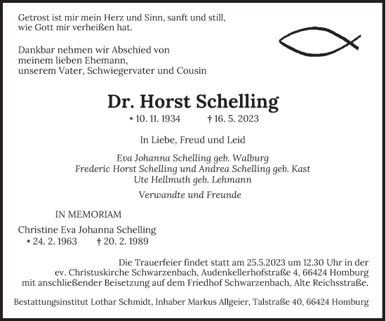 Todesanzeige von Horst und Christine Eva Johanna Schelling von saarbruecker_zeitung