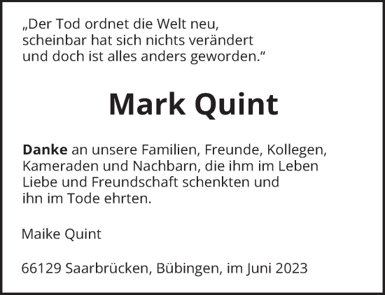 Todesanzeige von Mark Quint von saarbruecker_zeitung