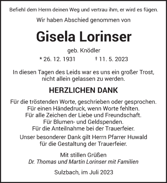 Todesanzeige von Gisela Lorinser von saarbruecker_zeitung