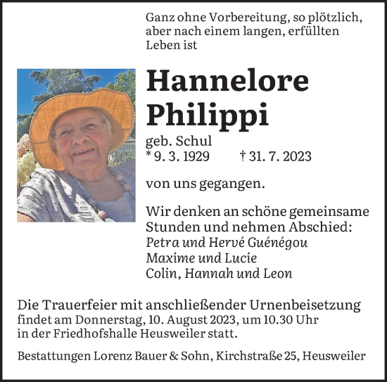 Todesanzeige von Hannelore Philippi von saarbruecker_zeitung