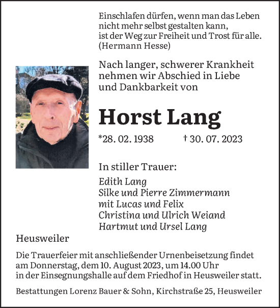 Todesanzeige von Horst Lang von saarbruecker_zeitung