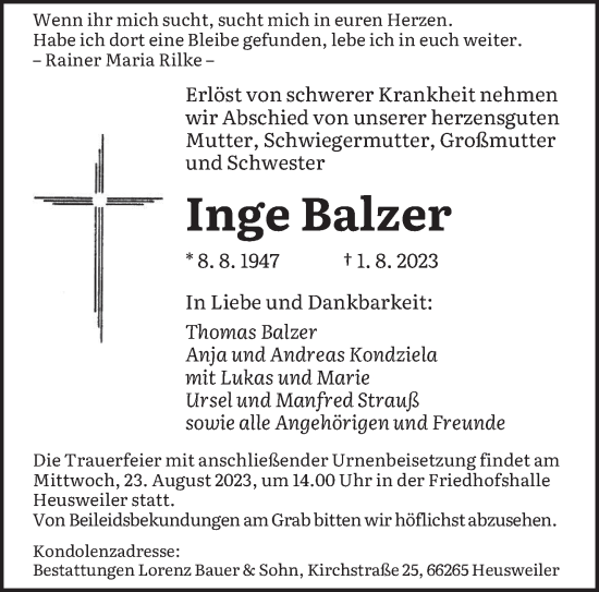 Todesanzeige von Inge Balzer von saarbruecker_zeitung