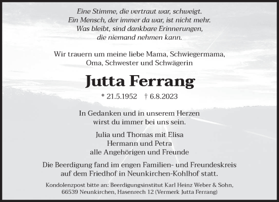 Todesanzeige von Jutta Ferrang von saarbruecker_zeitung
