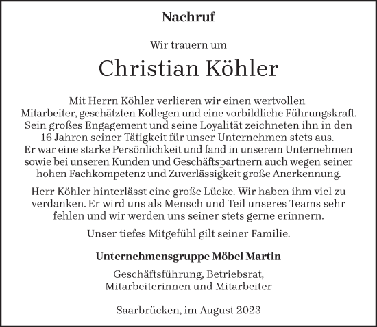 Todesanzeige von Christian Köhler von saarbruecker_zeitung