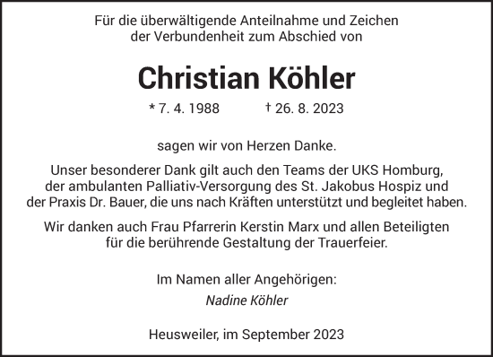 Todesanzeige von Christian Köhler von saarbruecker_zeitung