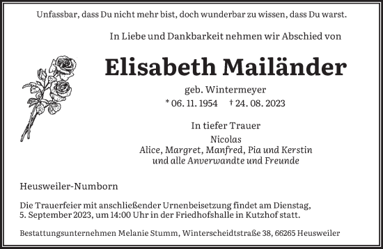 Todesanzeige von Elisabeth Mailänder von saarbruecker_zeitung
