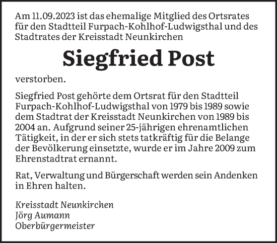 Todesanzeige von Siegfried Post von saarbruecker_zeitung