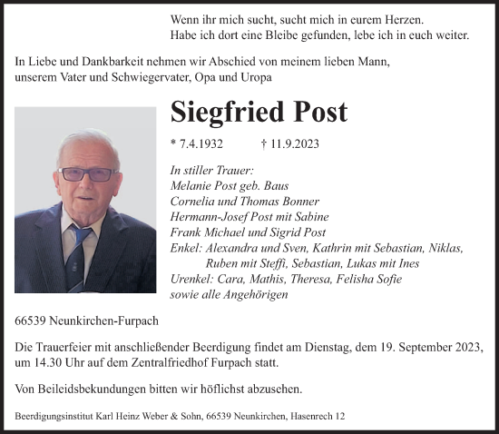 Todesanzeige von Siegfried Post von saarbruecker_zeitung