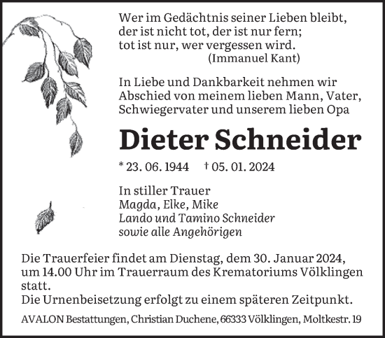 Todesanzeige von Dieter Schneider von saarbruecker_zeitung