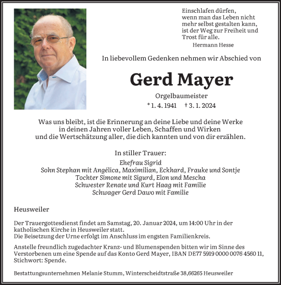 Todesanzeige von Gerd Mayer von saarbruecker_zeitung