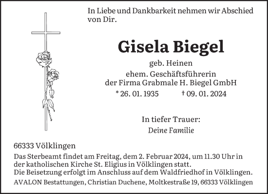 Todesanzeige von Gisela Biegel von saarbruecker_zeitung